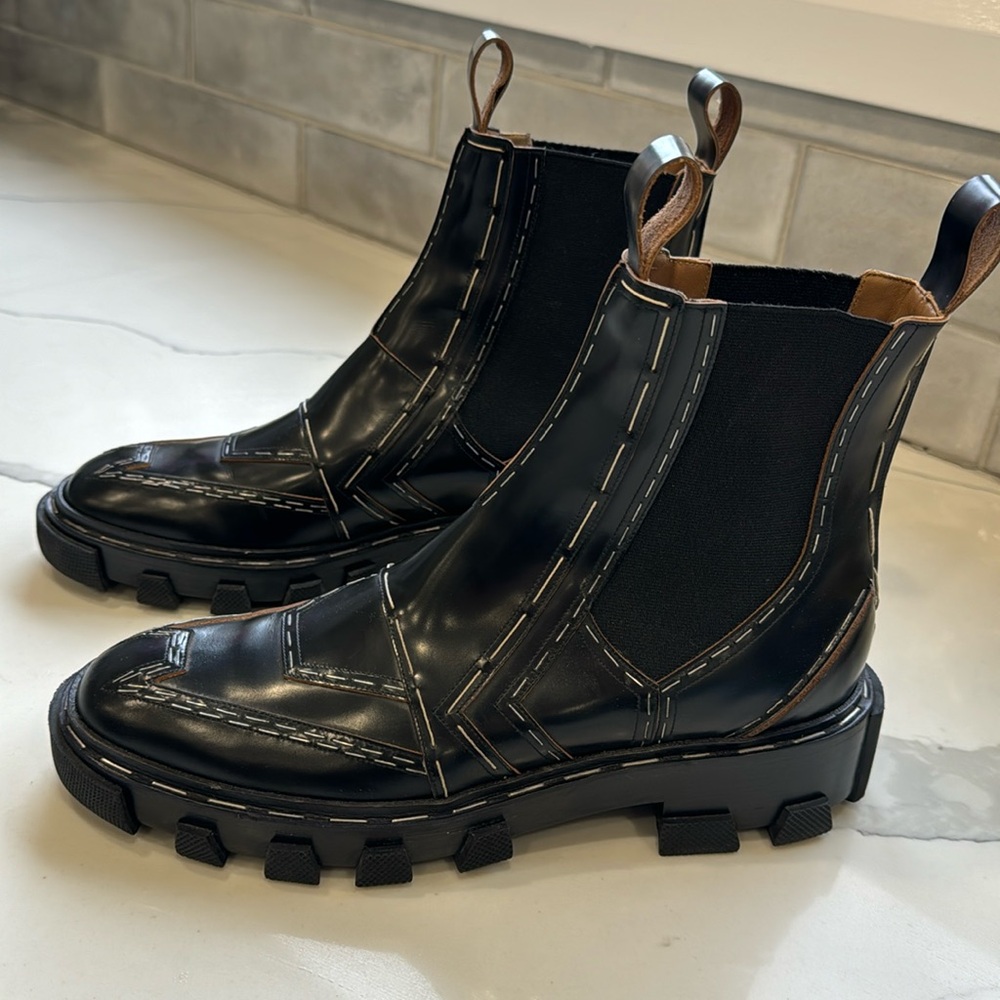 Balenciaga Black Leather Chelsea Ankle Boots with Brown Pull Tabs
